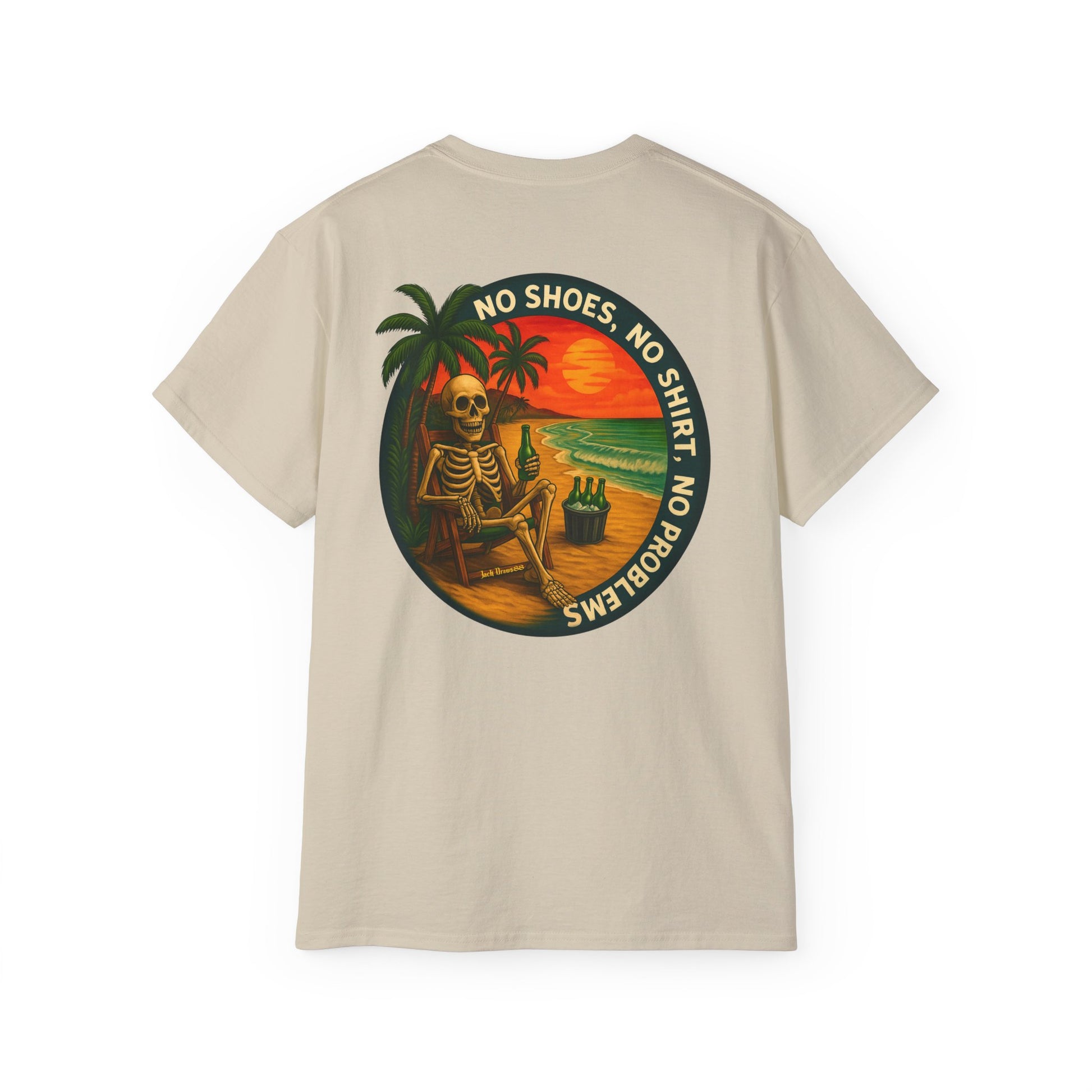 Beach Vibes Skeleton Tee, No Shoes No Shirt No Problems Shirt, Front & Back