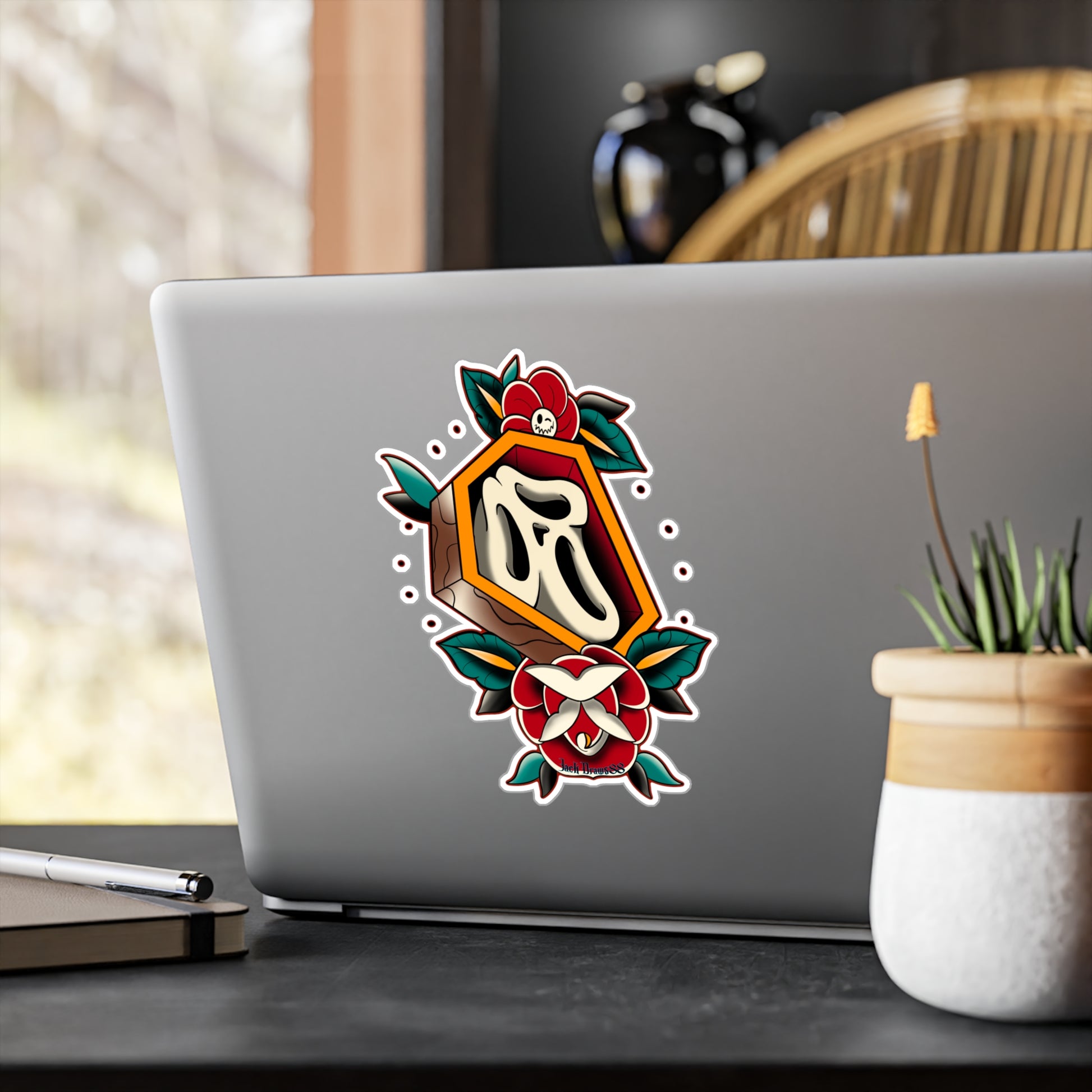 Rest in Roses – Ghostface Coffin Floral Tattoo, Kiss-Cut Vinyl Decals