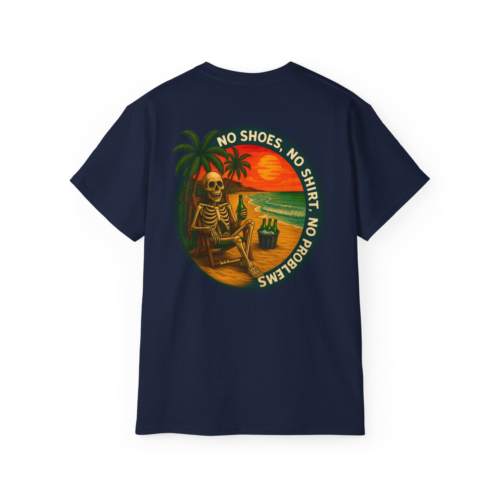 Beach Vibes Skeleton Tee, No Shoes No Shirt No Problems Shirt, Front & Back