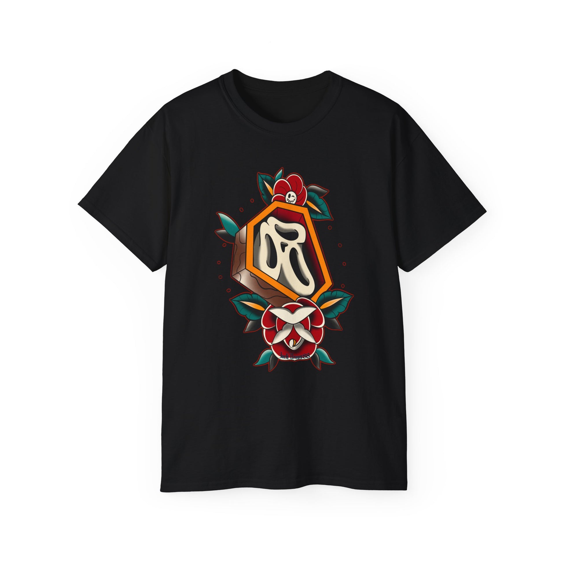 Rest in Roses – Ghostface Coffin Floral Tattoo Unisex Cotton
