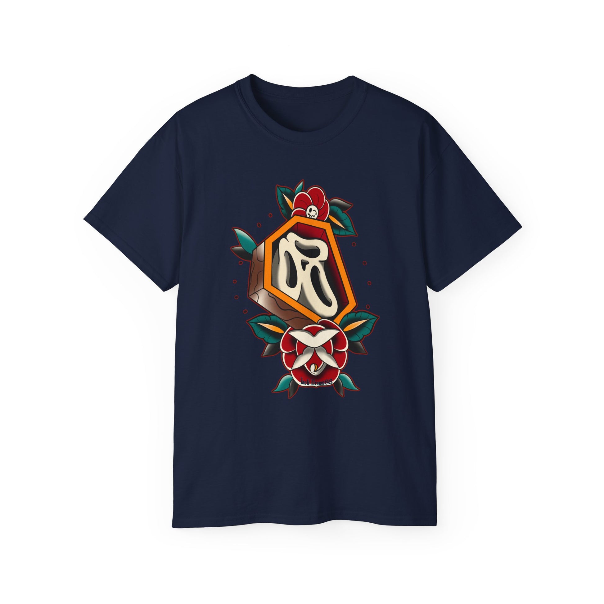 Rest in Roses – Ghostface Coffin Floral Tattoo Unisex Cotton