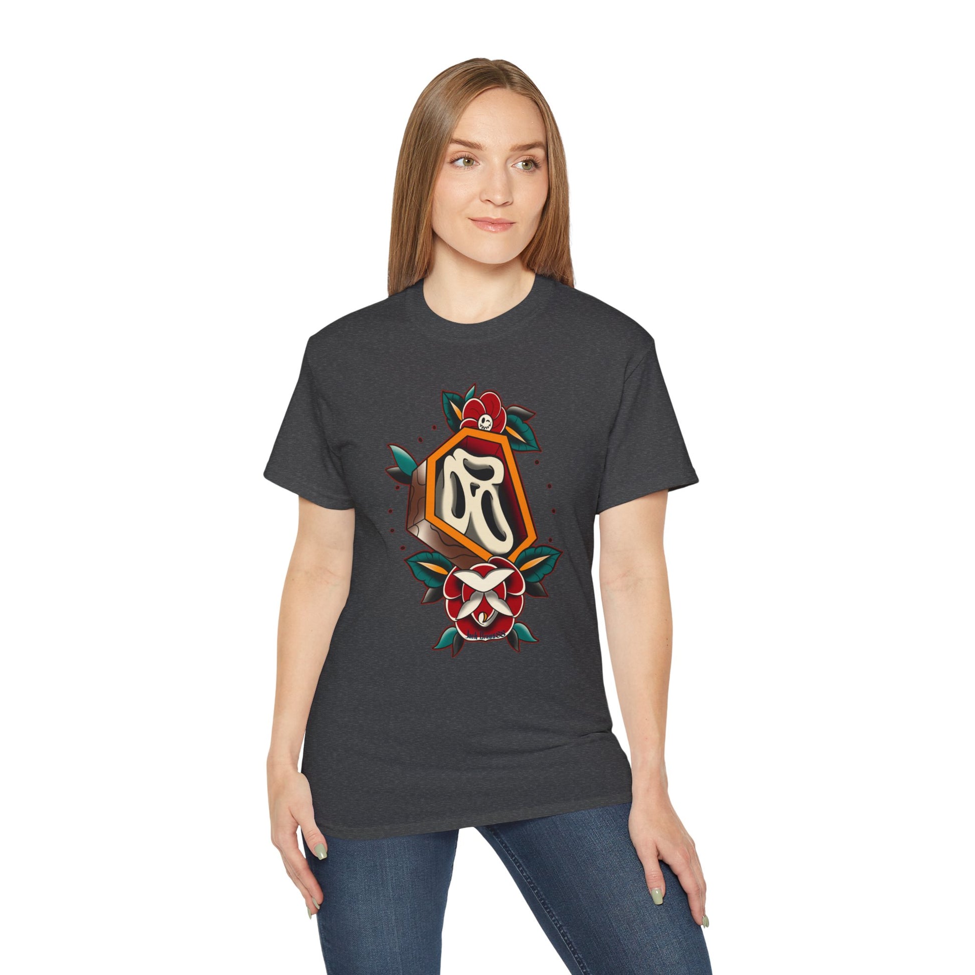 Rest in Roses – Ghostface Coffin Floral Tattoo Unisex Cotton