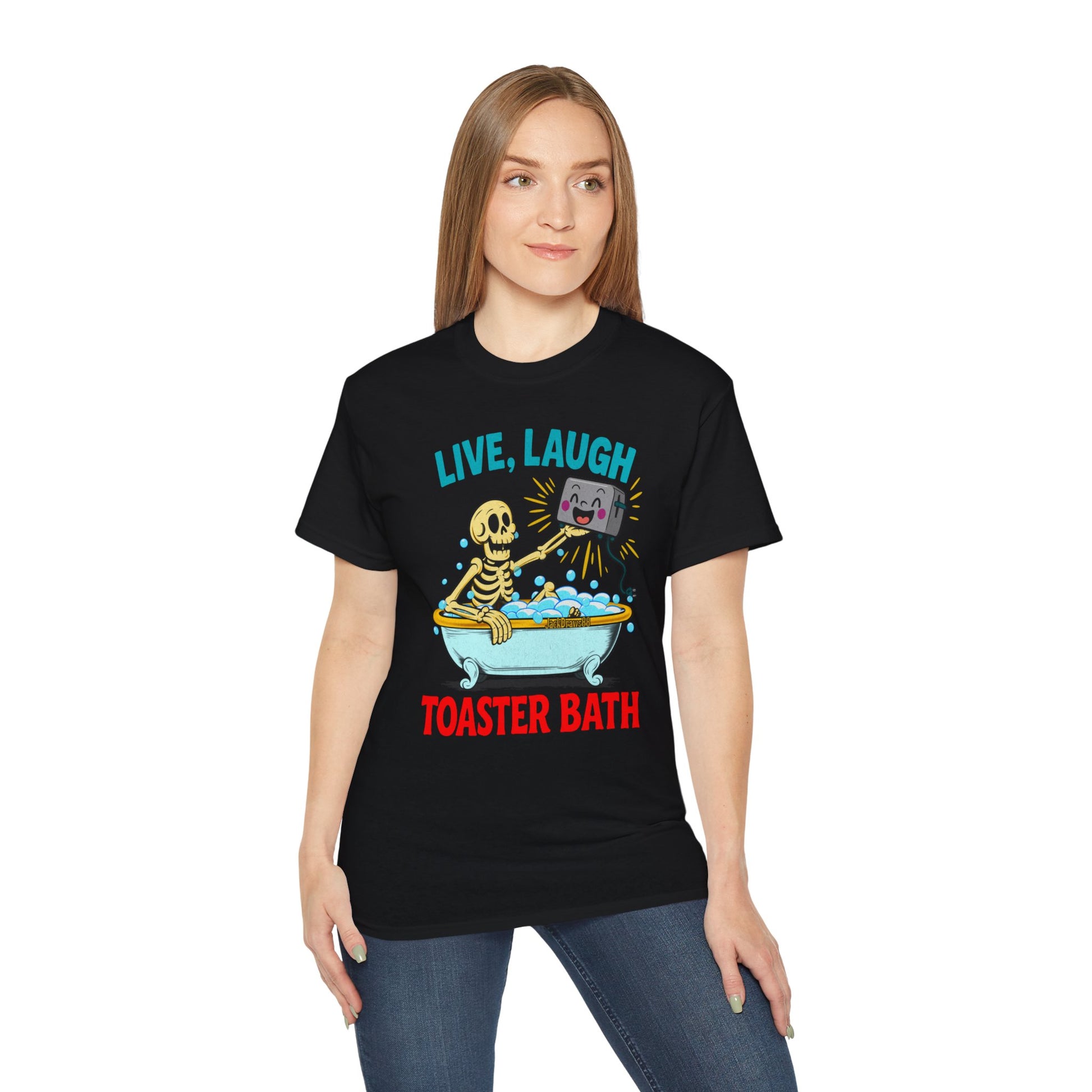 Live, Laugh, Toaster Bath – Dark Humor Skeleton Design