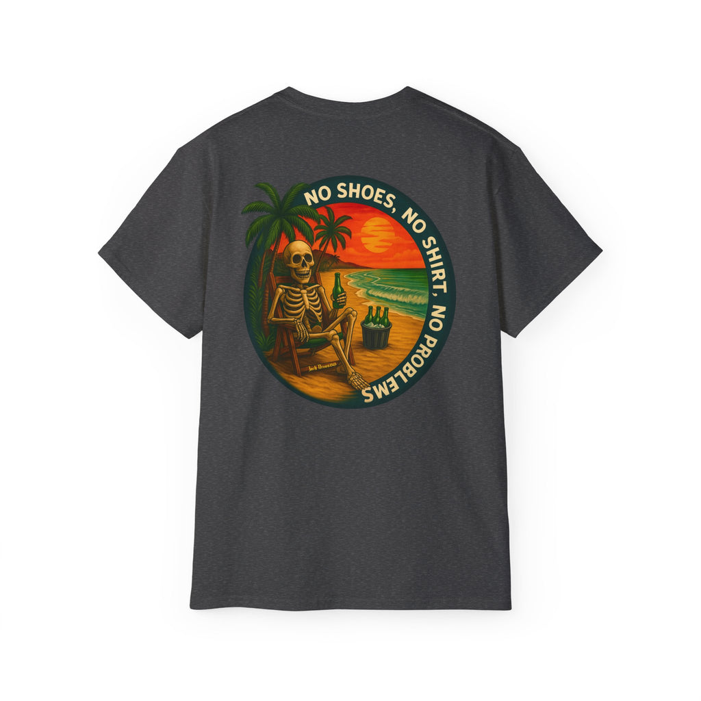Beach Vibes Skeleton Tee, No Shoes No Shirt No Problems Shirt, Front & Back