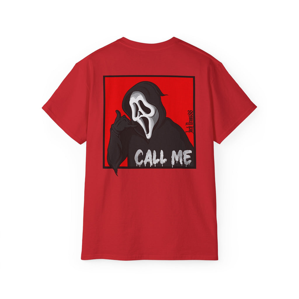 Ghostface “Call Me” – Double-Sided Slasher Parody Unisex Tee