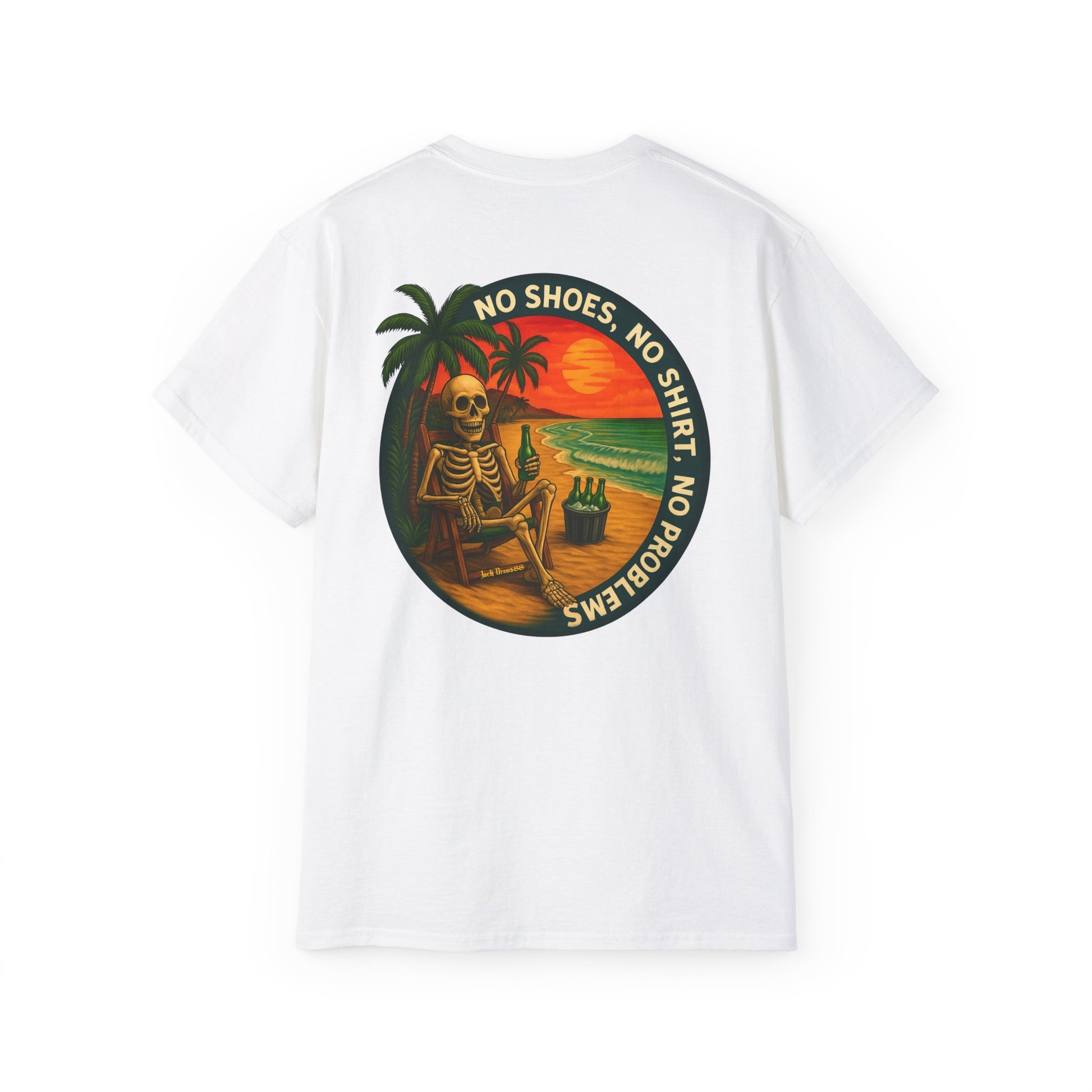 Beach Vibes Skeleton Tee, No Shoes No Shirt No Problems Shirt, Front & Back