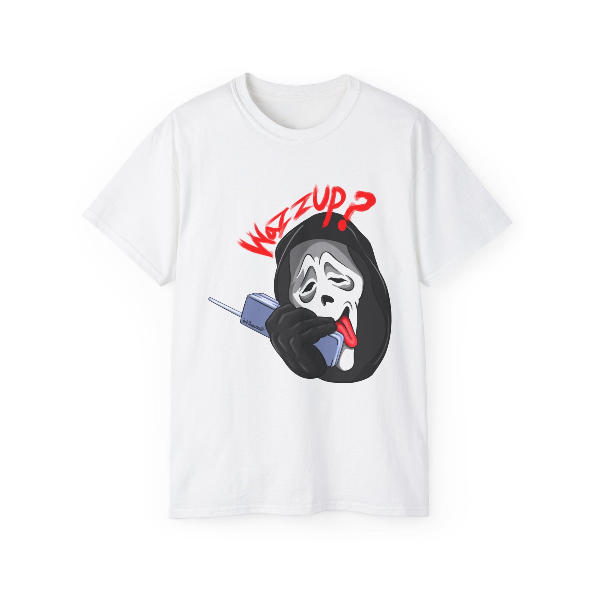 Ghostface Wazzup – Classic Meme Phone Call Tee, Unisex Cotton T-Shirt
